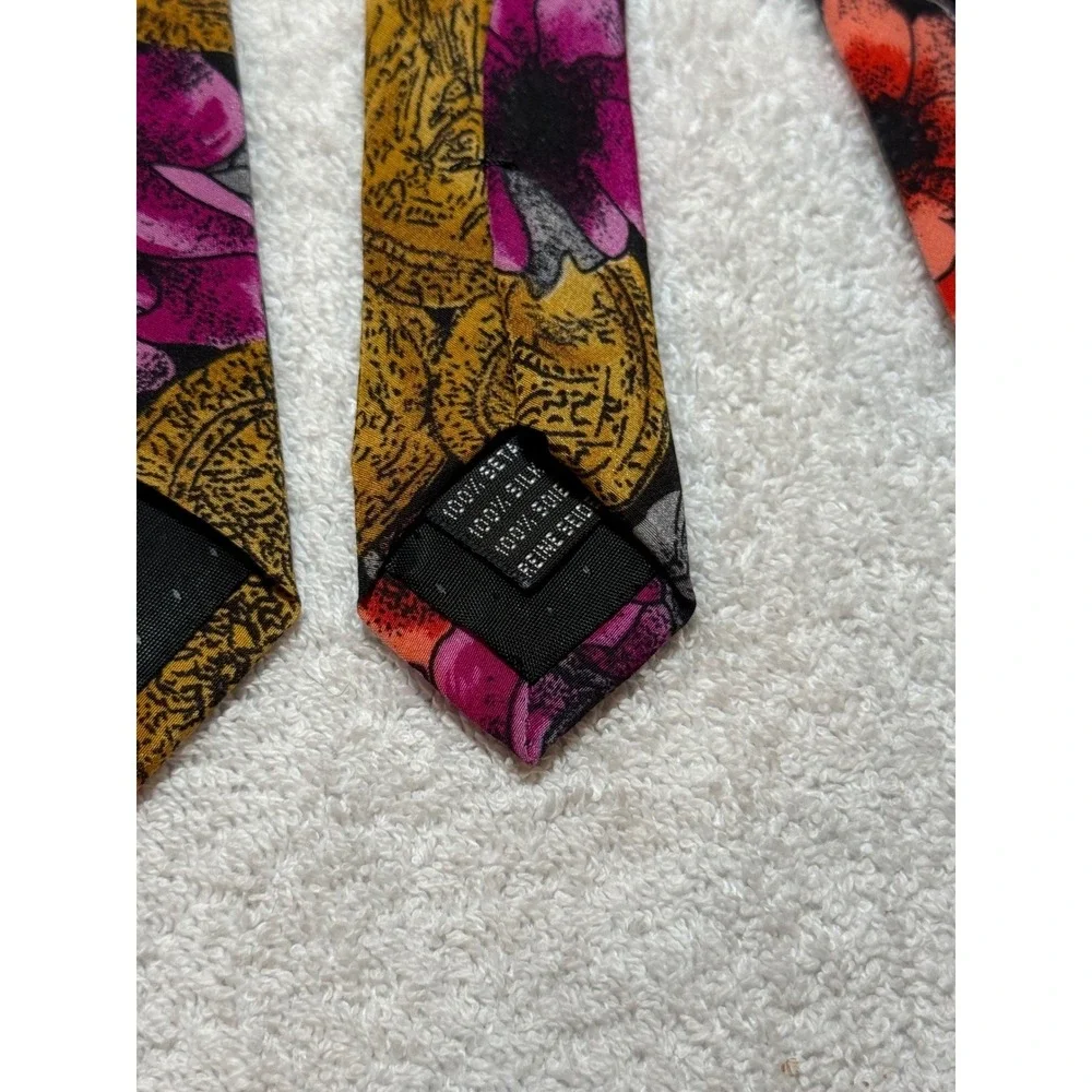 Enrico Nitti Mens Silk Tie Italy Gold Coins Floral Red Magenta Black Necktie